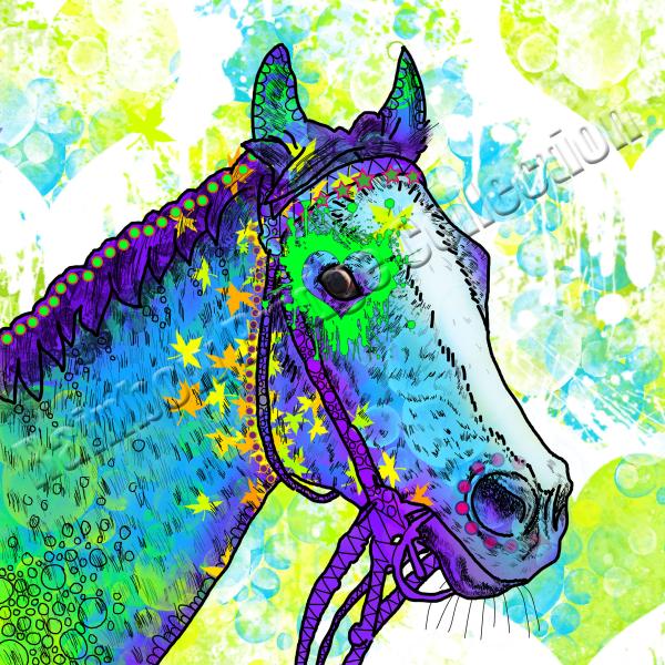 Das Bild zeigt das Rennpferd TAsci in Blau Grün im Popart Stil